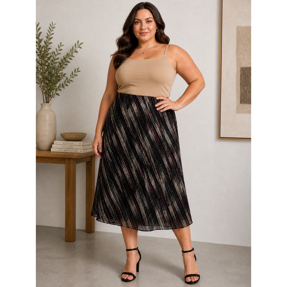 Woman‎ I.E. Silk Midi Skirt Women 2X Black Pink Geometric Stripe Career Mature